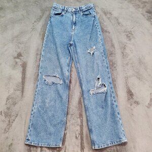H&M Girls Jeans Size 16 Wide Leg Stretch Blue Distressed High Rise Waist READ